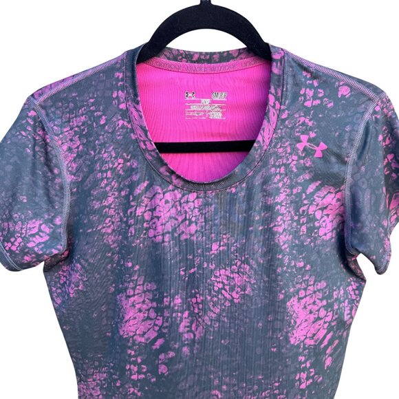 Under Armour Womens Sonic HeatGear Fitted Workout Athletic T-Shirt Pink Black S - Picture 3 of 8